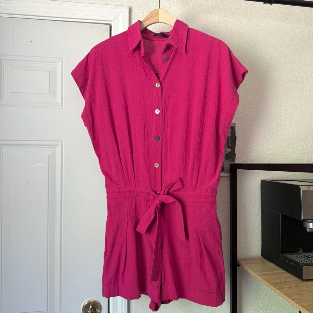INDAH fuchsia magenta pink gauze cotton short sleeve sleeveless romper